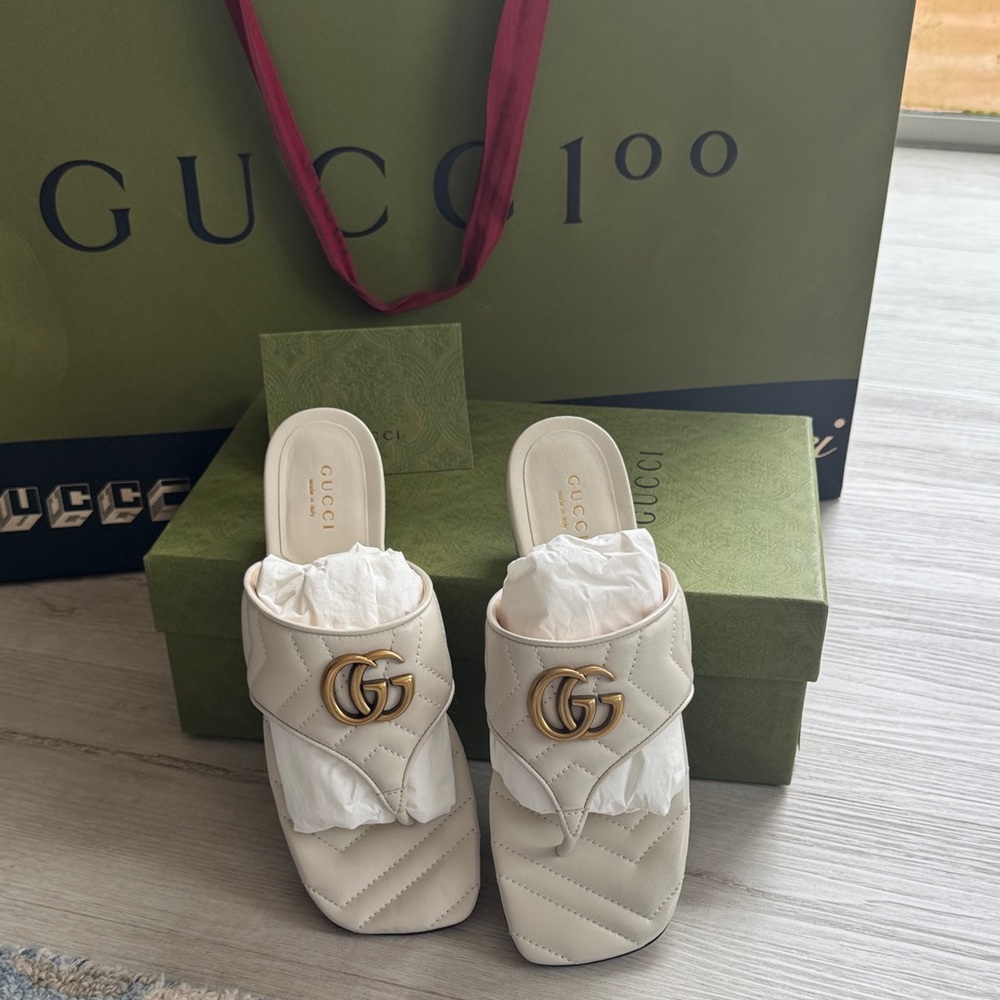 Gucci Women's Cream Quilted Mules with Gold Logo